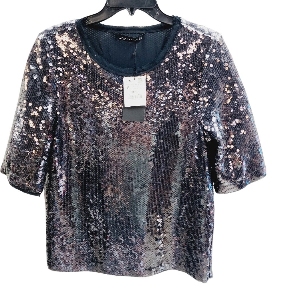 NWT Zara Woman Sequin Top Short Sleeve Iridescent Multi Color Party Shirt Small